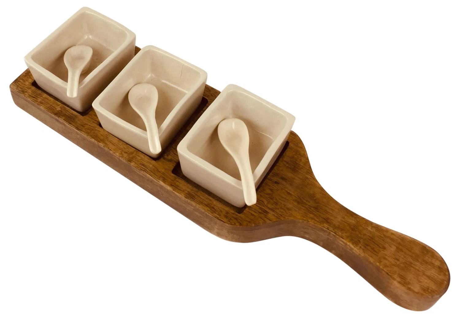 Wooden Tray With Dip Bowls & Spoons 36cm 4 Wooden Tray With Dip Bowls & Spoons 36cm - Image 2
