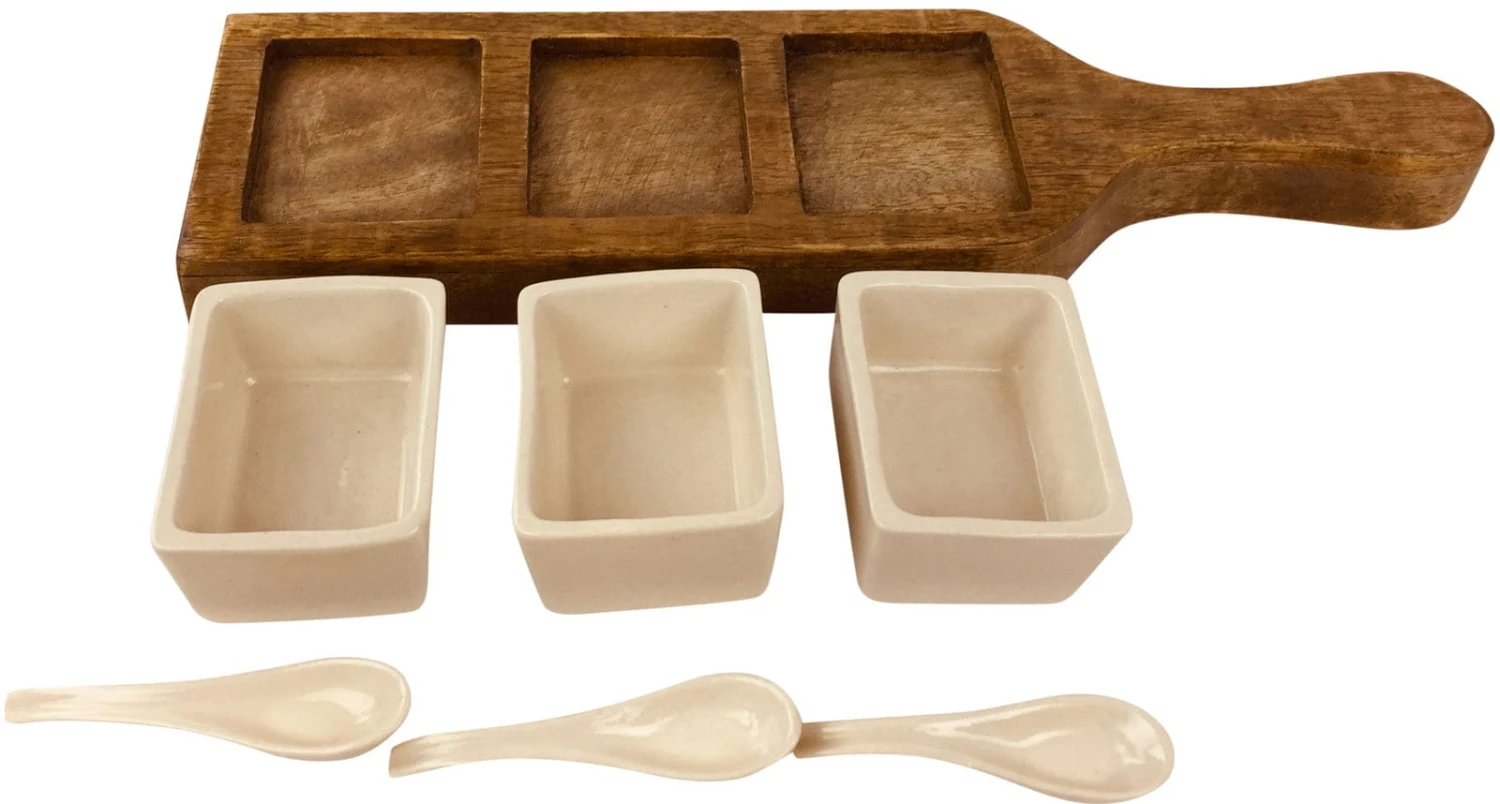 Wooden Tray With Dip Bowls & Spoons 36cm 5 Wooden Tray With Dip Bowls & Spoons 36cm - Image 3