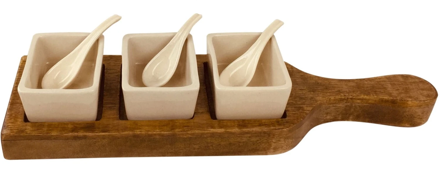 Wooden Tray With Dip Bowls & Spoons 36cm 3 Wooden Tray With Dip Bowls & Spoons 36cm