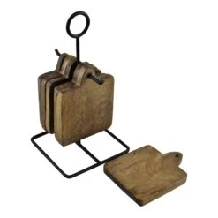 Set Of 6 Mango Wood Coasters On Metal Stand 8 Set Of 6 Mango Wood Coasters On Metal Stand -Mon Panier Shop N0546 2