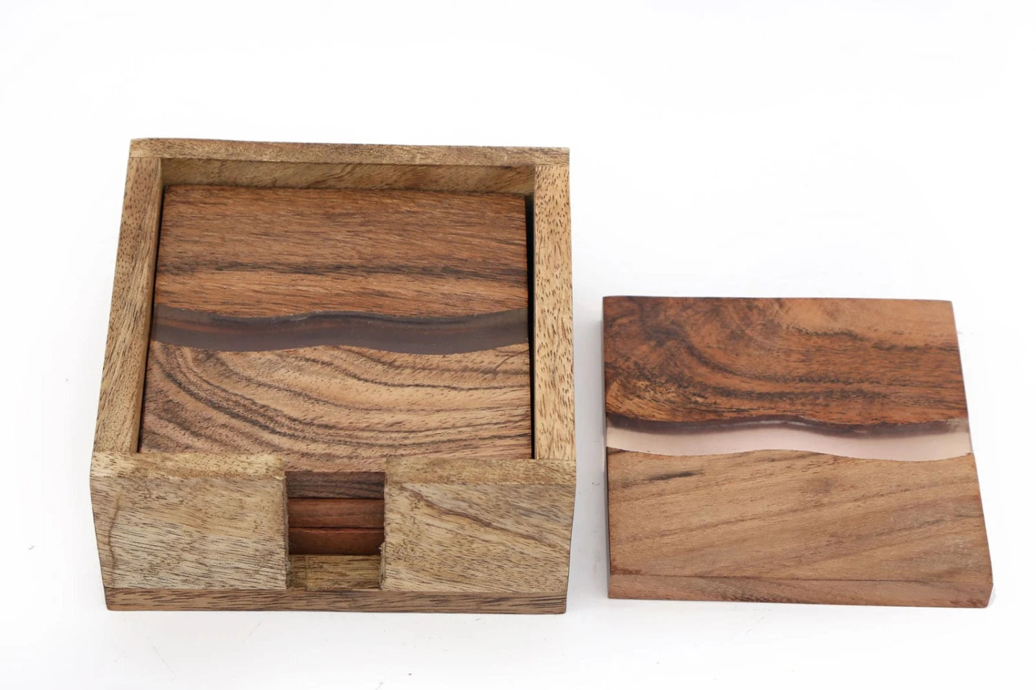 Wooden Wave Design Coasters In A Wooden Holder 3 Wooden Wave Design Coasters In A Wooden Holder